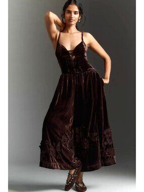 By Anthropologie 3D Floral Velvet Jumpsuit Brown 16